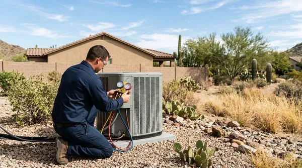 A technician in navy coveralls kneels beside an outdoor air conditioning condenser at a desert home, reading a set of refrigerant gauges connected to the unit, with saguaro cactus and gravel landscaping behind him. A technician in navy coveralls kneels beside an outdoor air conditioning condenser at a desert home, reading a set of refrigerant gauges connected to the unit, with saguaro cactus and gravel landscaping behind him.