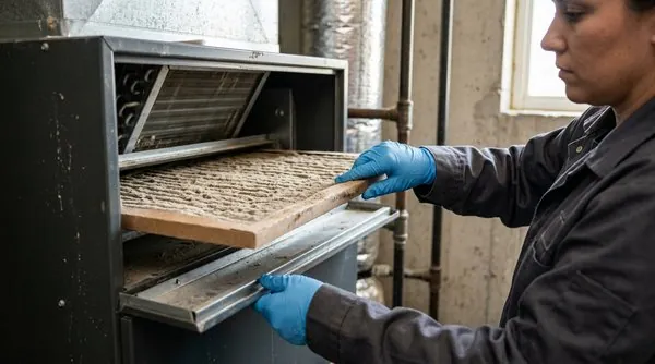 A technician wearing blue nitrile gloves slides a heavily dust-clogged air filter out of a furnace cabinet, the filter's pleats grey with trapped debris. A technician wearing blue nitrile gloves slides a heavily dust-clogged air filter out of a furnace cabinet, the filter's pleats grey with trapped debris.